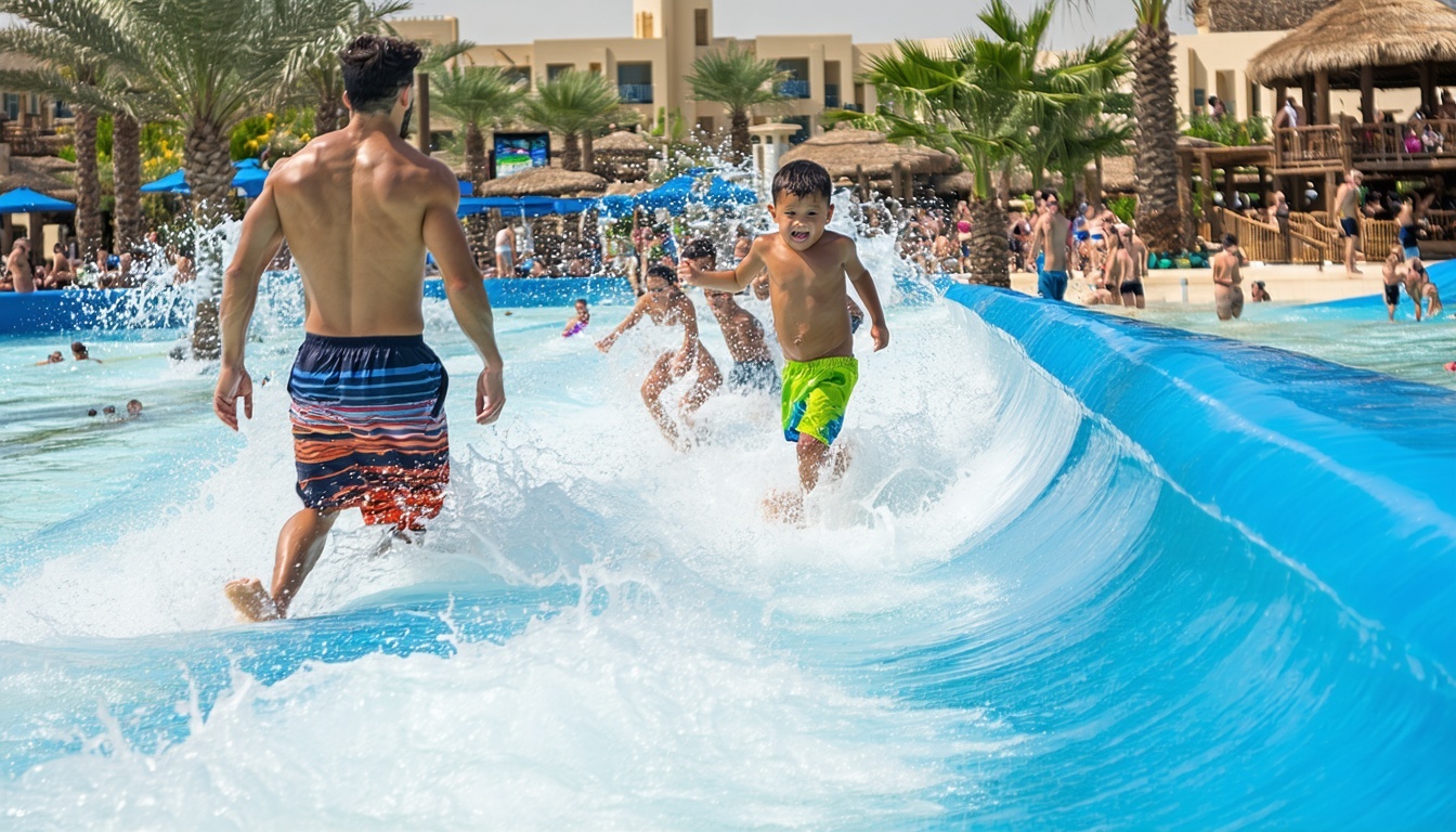 Family enjoying the wave pool at Aquaventure World Dubai