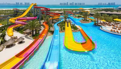 Aerial view of Aquaventure World Dubai waterpark with water slides and beach. Aerial view of Aquaventure World Dubai waterpark with water slides and beach.