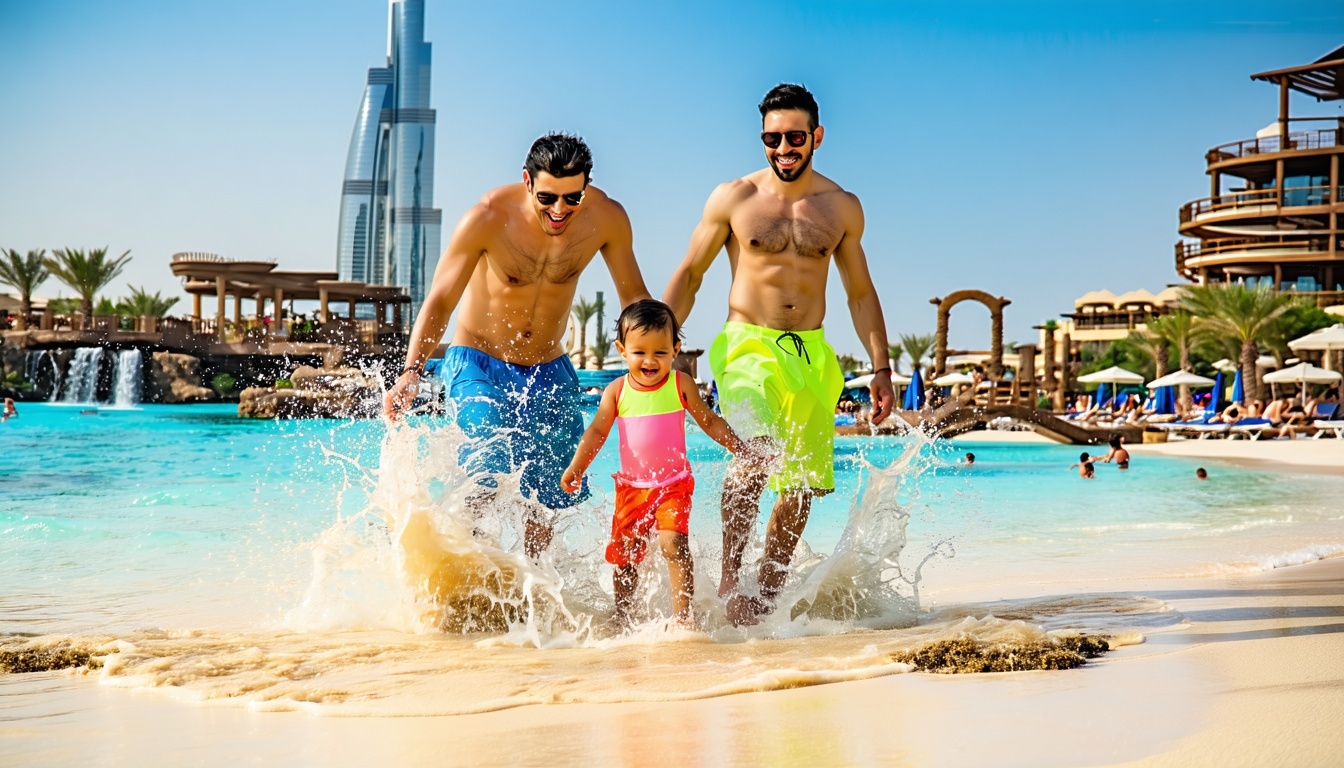 Family enjoying Aquaventure World Dubai’s private beach